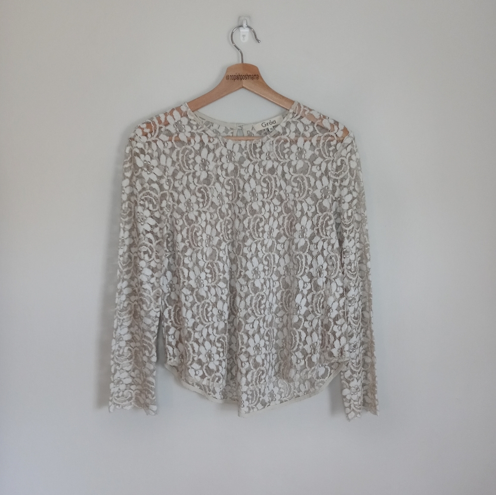 Groa Sheer Floral Lace Top Long Sleeves Size 36